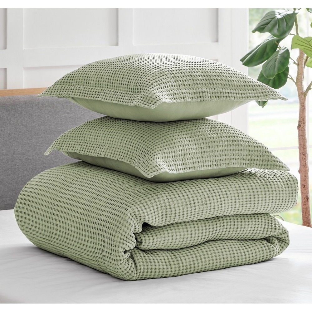 Levtex Full/Queen Duvet Cover Set Waffle Textured Sage 2 Shams